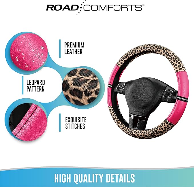 Road Comforts Leopard Steering Wheel Cover - Made with PVC Leather Cheetah Print - Anti-Slip, Universal Fit 14 1/2 inches to 15 inches - Hot Pink