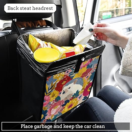 Car Trash Can Organizer Bin with Adjustable Strap for Back Front Seat Console Waterproof Leakproof Collapsible Portable 11 Inch Garden Flowers Hedgehogs Colorful