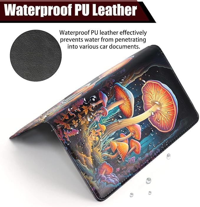 Car Registration and Insurance Holder, PU Leather Auto Document Holder for Men&Women, Vehicle Glove Box Compartment Organizer with Magnetic Shut for Driver's License, Colorful Mushrooms Pattern