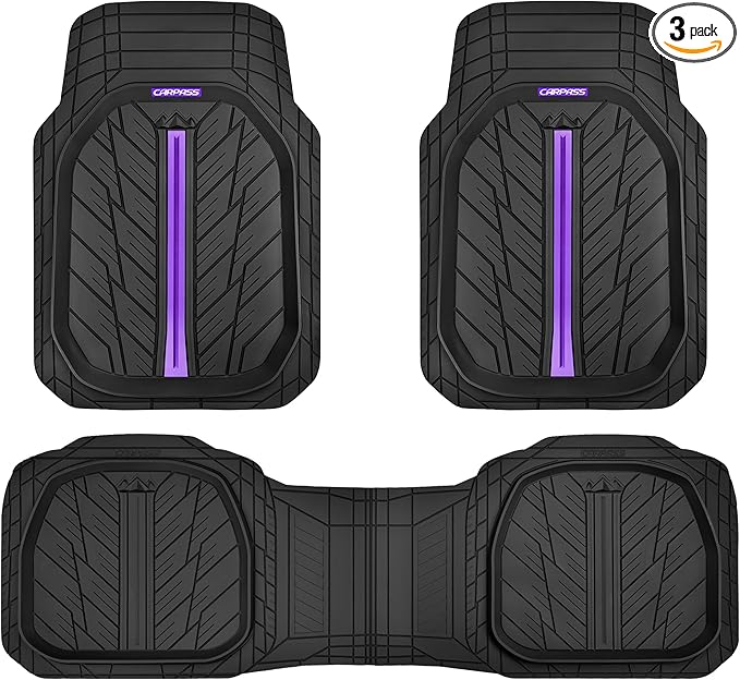 CAR PASS Tire Tread DeepDish Rubber Floor Mats for car Heavy Duty car mats All Weather, Universal XL~M Trim to Fit for Truck SUV Vehicle Automotive, Waterproof car mats 3 Piece (Purple Black)