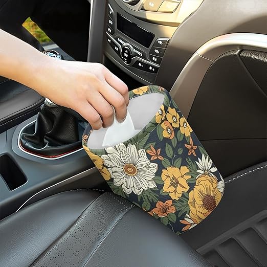 Car Trash Can with Hanging for Back Seat, Car Accessories for Women Men Automotive Garbage Cans Vehicle Trash Can for Truck SUVYellow Flowers