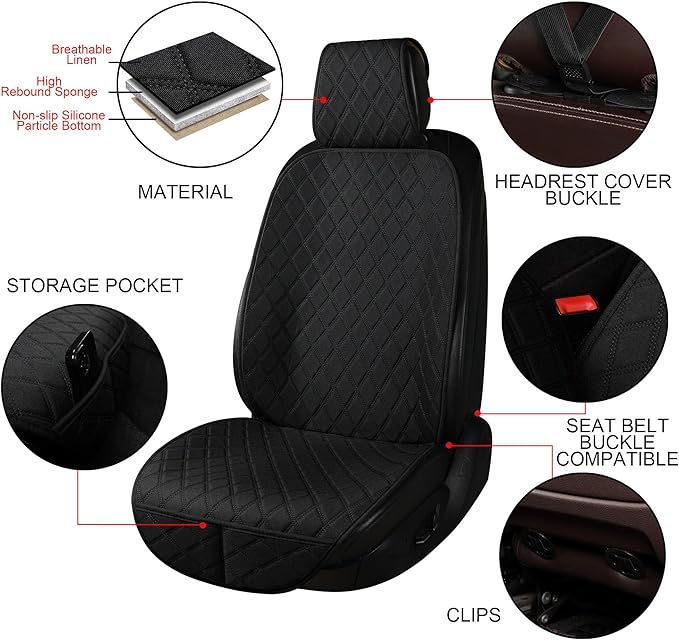 ENOGE Linen Car Seat Covers Front Seat Covers Breathable Cloth Fabric Car Seat Protector Universal Fit Most Automotive, Van, SUV, Trucks (Black, 2 Front)