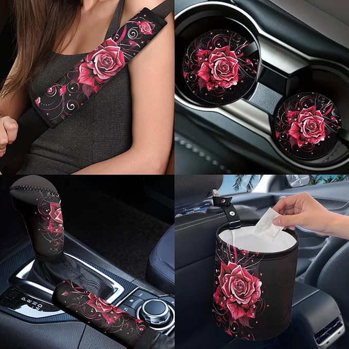 Dngkaoje Romantic Rose Car Seat Covers Full Set 13 Pack Vintage Red Rose Car Accessories Set with Steering Wheel Covers,Universal Collapsible Garbage Bin,Cup Holders,Armrest Cushion Pad