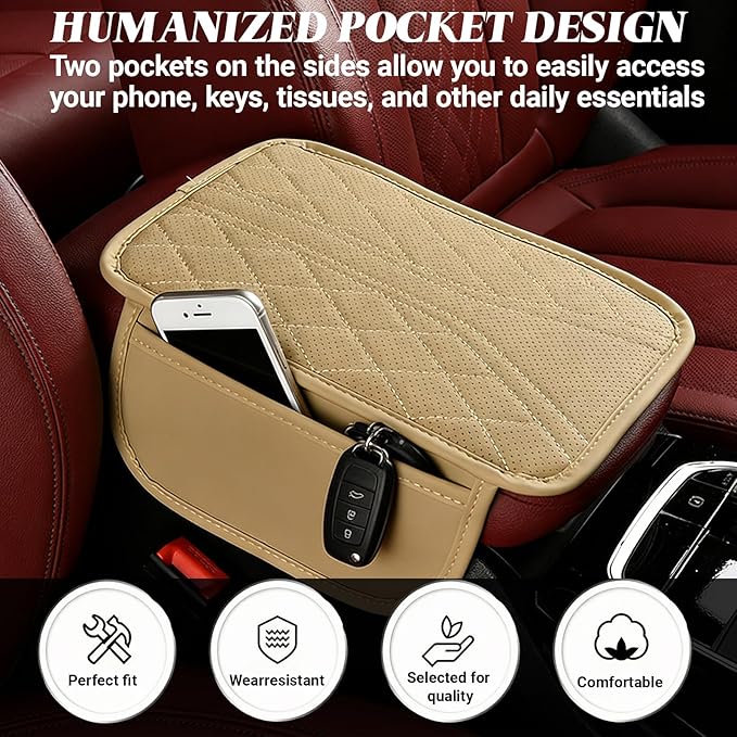 KoiLuvGo Upgraded Car Center Console Cover, Leather Auto Armrest Cover with 2 Storage Bags, Waterproof Center Console Protective Pad, Universal Cars Armrest Storage Box for Sedan, SUV, Truck (Beige)