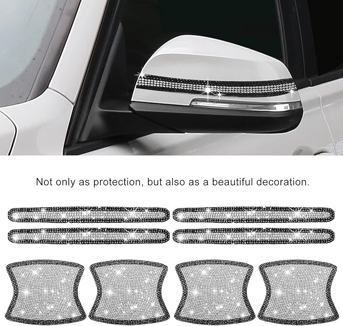 kingsea 8pcs Bling Car Door Handle Protector Stickers,Crystal Rhinestone Glitter Car Door Handles Cup Scratch Protectors Decals Universal (White & Black)