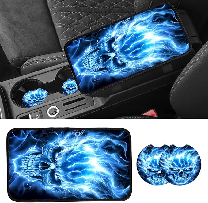 JANENFNA Car Armrest Cover Pads Universal Fashion Cute Auto Center Console Armrest Cover Pad with 2PCS Car Coasters Soft Waterproof Car Armrest Seat Protector for Women,Blue Flame Skull ABC