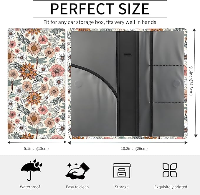BAUCIWLD Premium Car Registration and Insurance Card Holder, Cute PU Leather Car Document Holder, Vehicle Glove Box Car Organizer with Magnetic Closure for Driver License, Cards Boho Flowers
