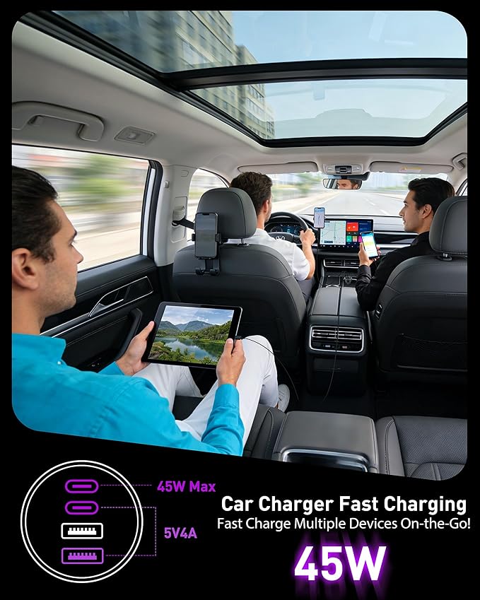 USB C Car Charger, 90W 4-Port Super Fast Charging Car Charger Adapter Dual USB-C & USB-A Cigarette Lighter with 240W Type C to C Cable Cord for Samsung Galaxy S25/S24/S23/S22/S21 Ultra, Android Phone