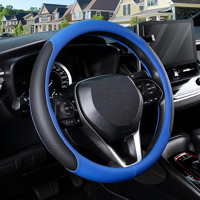 SEG Direct Steering Wheel Cover for 14.5-15 inch Wheels, Breathable PU Leather with Perforated Sides, Anti-Slip Grip, Universal Fit for Cars & SUVs, Black and Blue