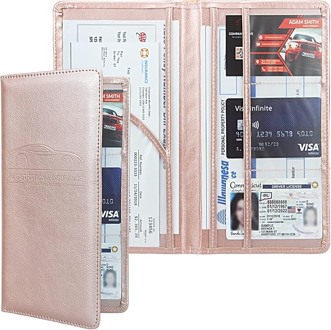 Car Registration and Insurance Holder, Premium Leather Insurance and Registration Holder,vehicle Glove Box Car Organizer, with Magnetic Shut for Cards, Driver License (Rose Gold)