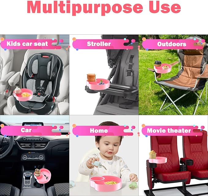 [2 Packs] Kids Car Seat Tray, Travel Tray with Cup Holder for Toddler, Kids Car Seat Food Snack Tray for Road Trip, Stroller snack tray travel must haves - Pink Color