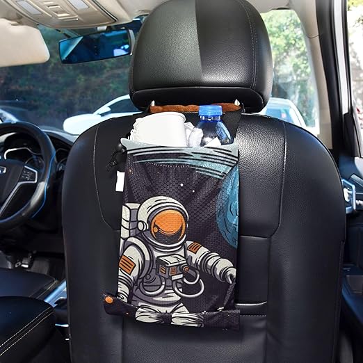 ALAZA Hanging Car Trash Bags Garbage Bag Trash Can for Back Seat Small Astronaut Cartoon 4 Washable Storage Bag Retractable 2 Pack