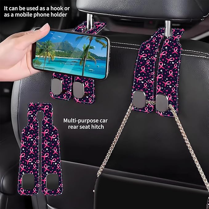 Car Headrest Purse Hanger Black and White Checkered 1 Pack Bag Purse Holder for Car Premium Leather Double Metal Hook for Handbags, Grocery Bags and Phones