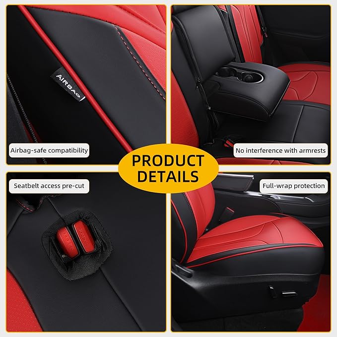OURPLOT Custom Fit Seat Covers for 2020-2024 Tesla Model Y (5-Seater), Waterproof Nappa Leather, OEM Factory Style Full Set Car Seat Protectors Airbag Compatible - Red