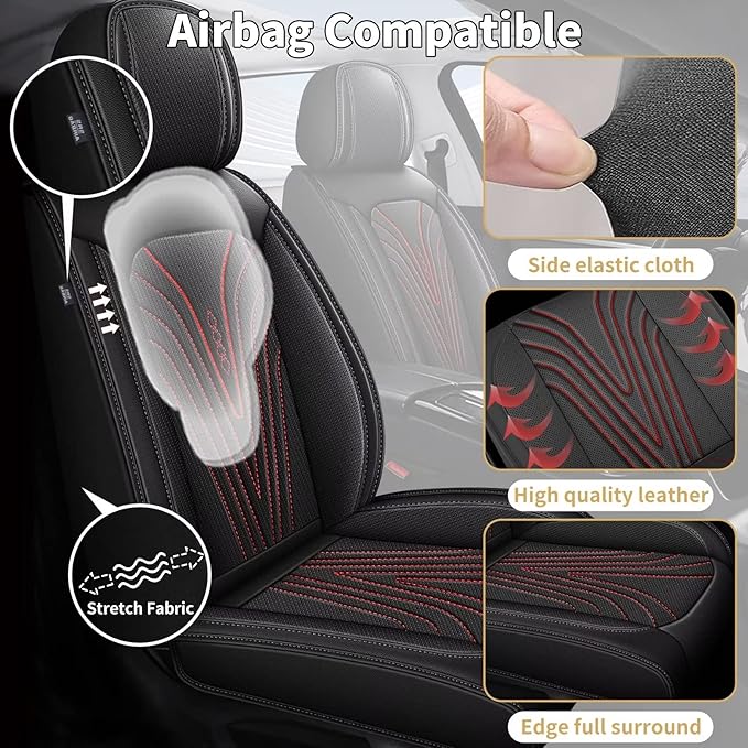 DISUTOGO Full Set Seat Covers Fit for Nissan Frontier 2009-2025 Waterproof Faux Leather Automotive Cushion Protector Car seat Covers Compatible Airbag(5 Seats, Red Line)