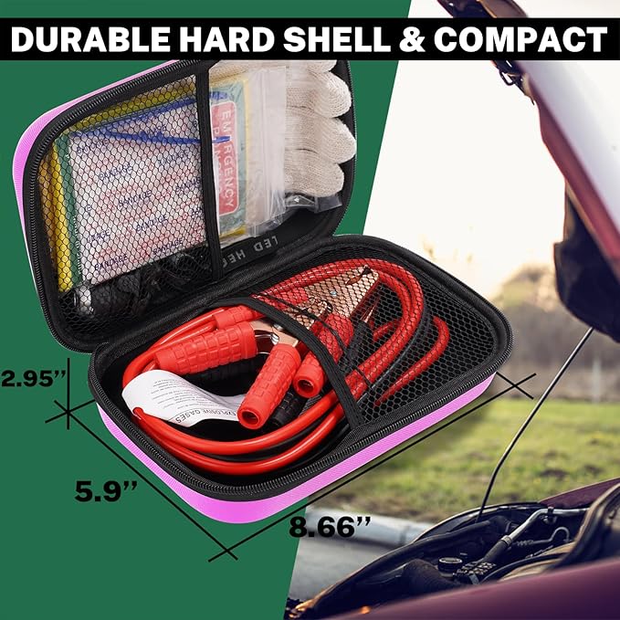Car Roadside Emergency Kit with Battery Jumper Cables,Car Accessories for Men or Women,Automotive Safety Kit for Car,Vehicle, Truck or SUV,Gifts for Men or Him, Pink