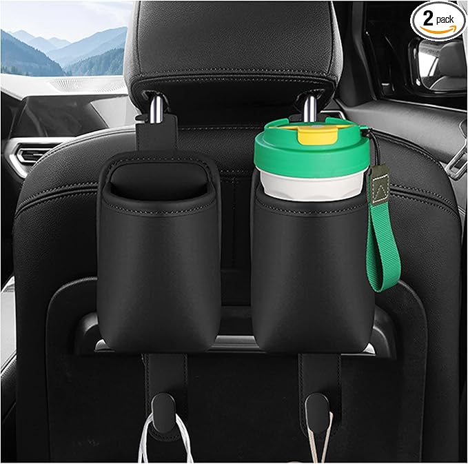 2-Pack Car Seat Back Cup Holder Organizer, Faux Leather Car Cup Holders with Hooks, Universal Backseat Storage for Drinks, Bottles & Travel Accessories (Black-2)