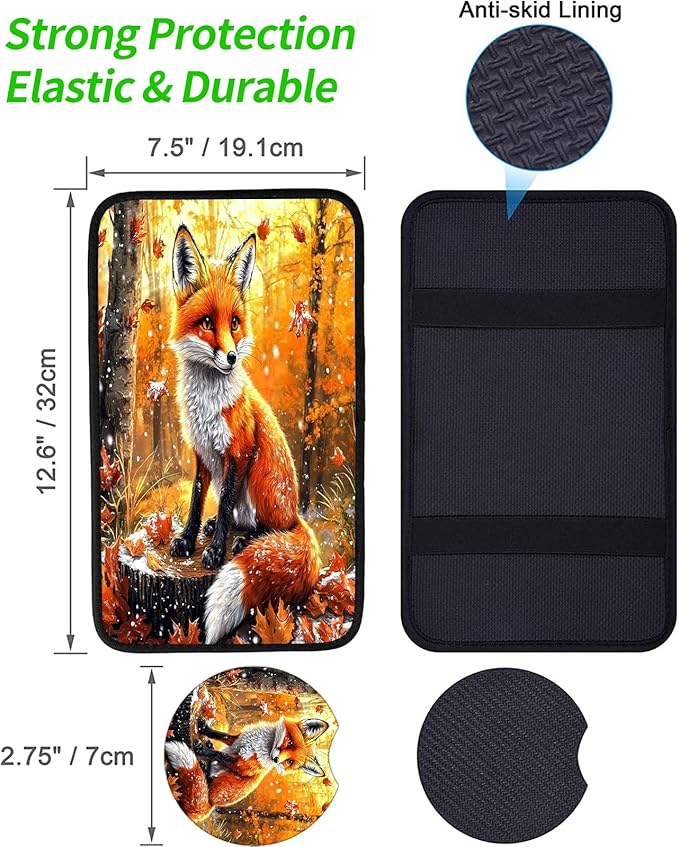 JANENFNA Car Armrest Cover Pads Universal Fashion Cute Auto Center Console Armrest Cover Pad with 2PCS Car Coasters Soft Waterproof Car Armrest Seat Protector for Women,Maple Leaf Fox