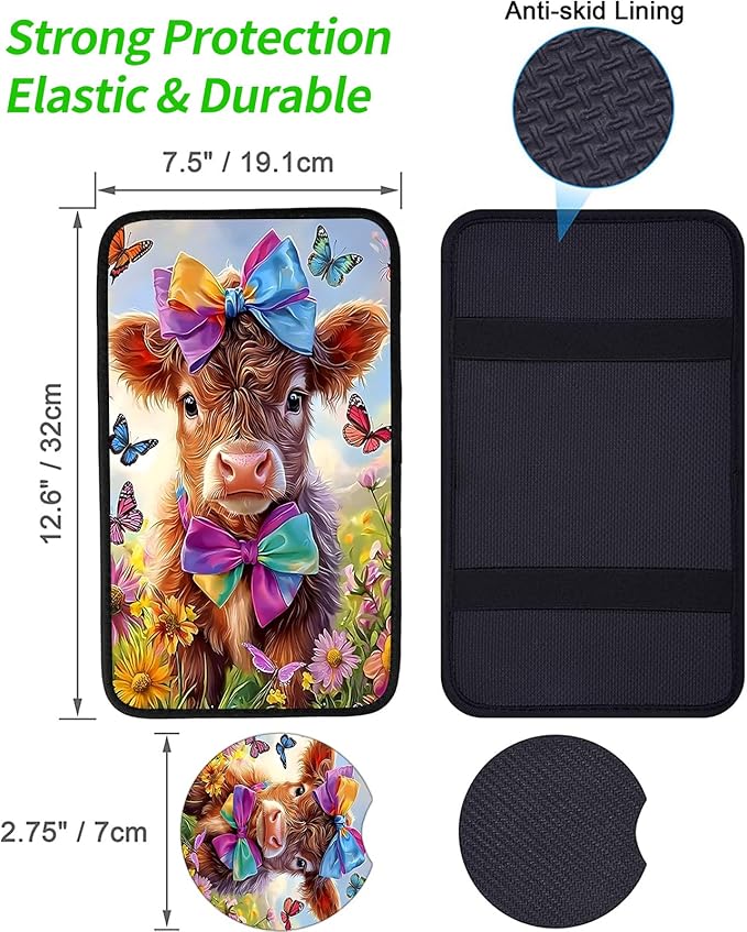 JANENFNA Car Armrest Cover Pads Universal Fashion Cute Auto Center Console Armrest Cover Pad with 2PCS Car Coasters Soft Waterproof Car Armrest Seat Protector for Women,Calf with Colorful Bows-A