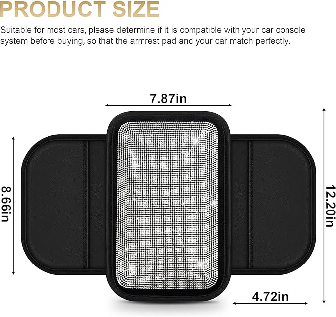 Center Console Cover Fit for Accord: Upgraded Diamond Auto Middle Console Cover - Crystal Rhinestone Armrest Cover for Car with 2 Storage Bags,Anti-Scratch Auto Armrest Pad Accessory （Black