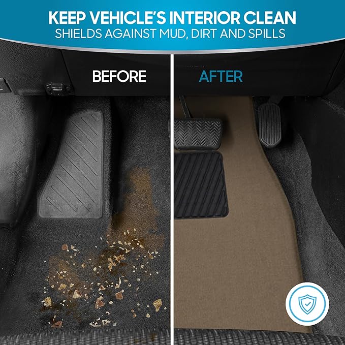 BDK Premium Medium Beige Carpet Floor Mats for Cars - Universal Fit Interior 4-Piece Car Mats Full Set with Vinyl Heel Pad Protector - Cute Car Accessories Interior Floor Covers for SUVs & Trucks