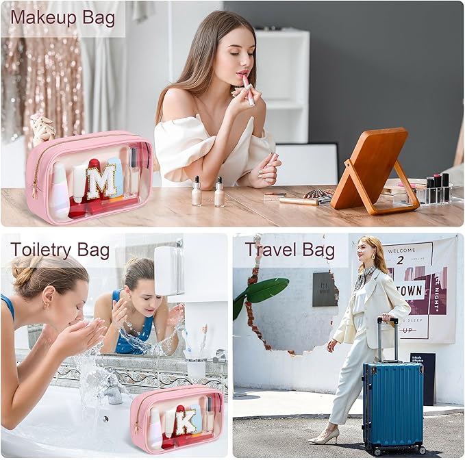 YOOLIFE Valentines Day Gifts for Teenage Girls Teacher Gifts Initial Clear Makeup Bag Birthday Gift Travel Toiletry Cosmetic Bags Birthday Gift Travel Essentials Pink A