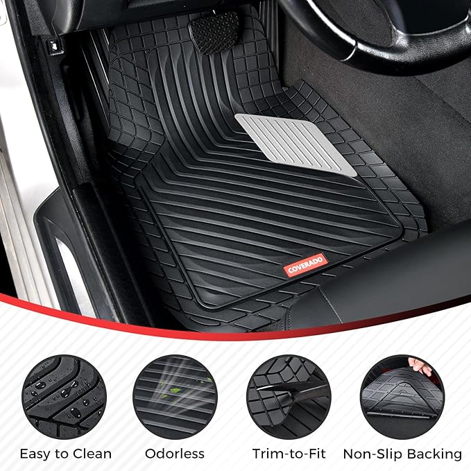 Coverado Car Floor Mats Full Set – Heavy-Duty PVC Floor Mats with Silver Metallic Heel Pad, All-Weather Protection for Front & Rear, Non-Slip Backing, Easy-Clean Interior Liners