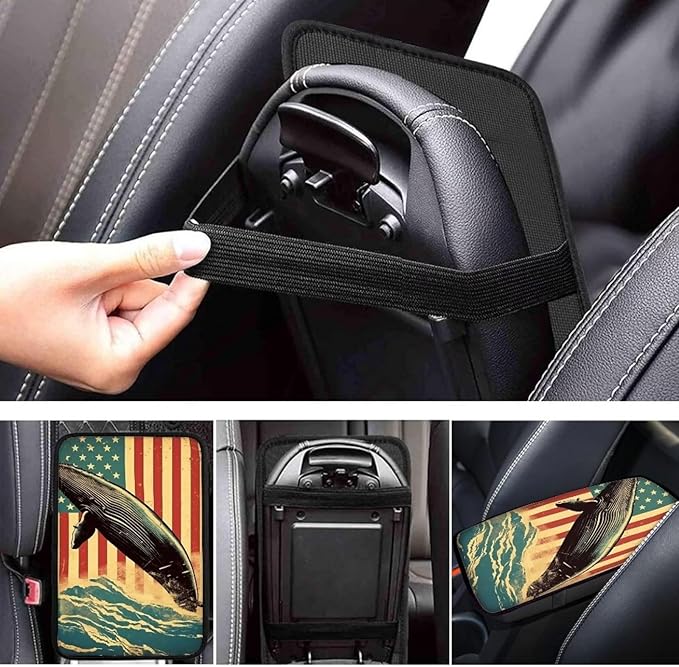 Car Center Console Pad, Universal Waterproof Car Armrest Seat Box Cover, Car Interior Accessories for Most Vehicle SUV Truck Vintage American Flag Whale Car Armrest Pad