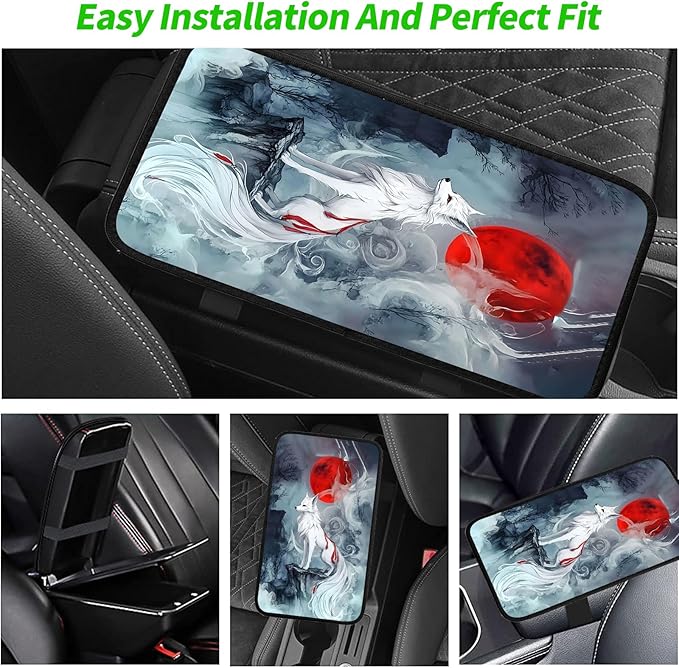JANENFNA Car Armrest Cover Pads Universal Fashion Cute Auto Center Console Armrest Cover Pad with 2PCS Car Coasters Soft Waterproof Car Armrest Seat Protector for Women,Blood Moon White Fox