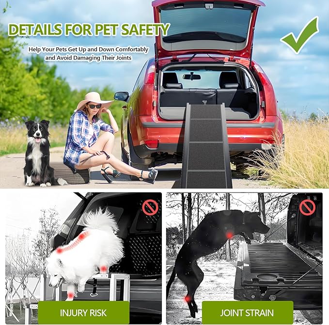 RUBLELITIE Dog Ramp for Cars SUV Truck-17.3x71in Heavy Duty Foldable Wide Outdoor Pet Stairs with Non-Slip Surface Portable Folding Design for Large Dogs Up to 250lbs (63" L x 17.3" W)