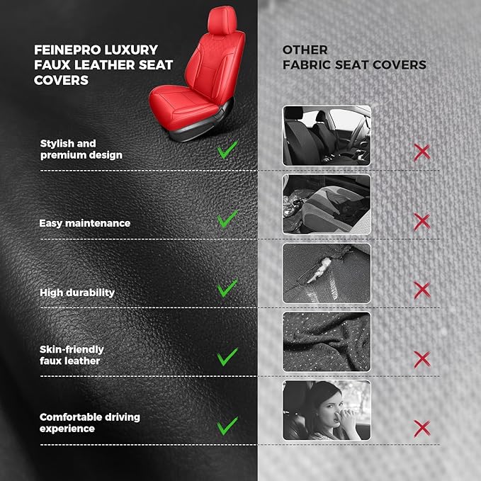 FEINEPRO Red Car Seat Covers Full Set - Breathable Faux Leather Universal 5 Seat Covers for Cars, Automotive Protector Fit for Most Sedan SUV Pick-up Truck