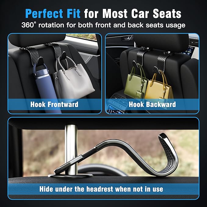 Amooca Car Seat Headrest Hook 4 Pack Hanger Universal Vehicle Car Storage Organizer for Handbag Purse Coat S Type Checkered Black