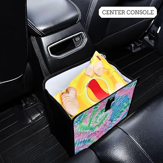 Car Trash Can Organizer Bin with Adjustable Strap for Back Front Seat Console Waterproof Leakproof Collapsible Portable 11 Inch Tie Dye Blue Green Pink