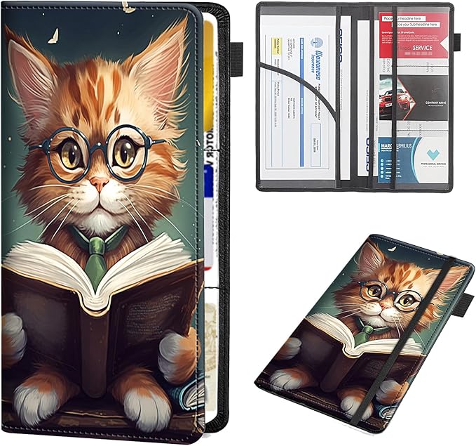RAUEDWDJS Car Registration and Insurance Holder,Leather Vehicle Glove Box Organizer Wallet Case for Driver's License,ID Key Information Cards-Reading Cat