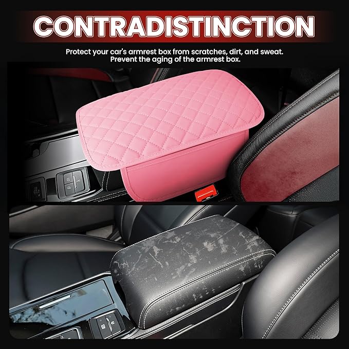 Upgraded Car Center Console Cover with 2 Storage,Arm Rest Covers Armrest Cover for Car, Microfiber Leather Car Armrest Cover Cushion, Universal Car Interior Accessories for Vehicles（Pink Longer）