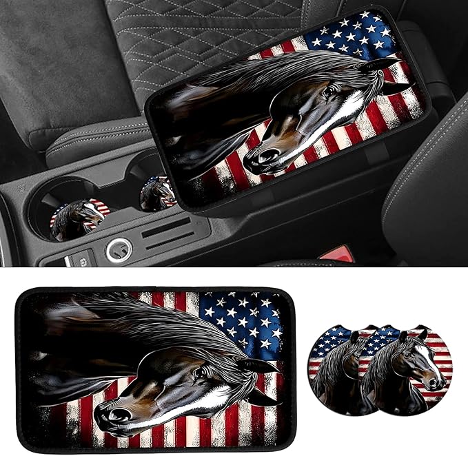 JANENFNA Car Armrest Cover Pads Universal Fashion Cute Auto Center Console Armrest Cover Pad with 2PCS Car Coasters Soft Waterproof Car Armrest Seat Protector for Women,Flag and Black Horse