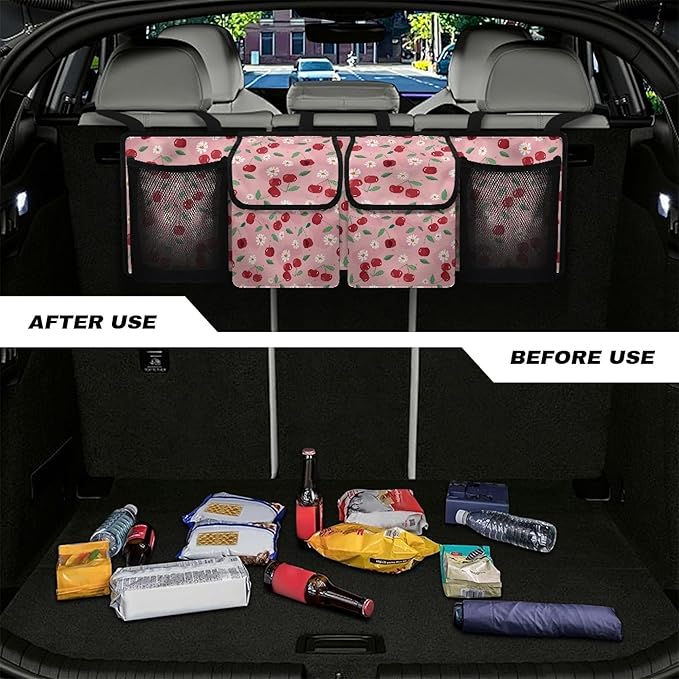 CLOHOMIN Cherry Auto Truck Organizer Daisy Cargo Organizer for Car Pink Car Rear Seat Hanging Storage Bag with 4 Pockets Large Capacity Car Storage Accessories