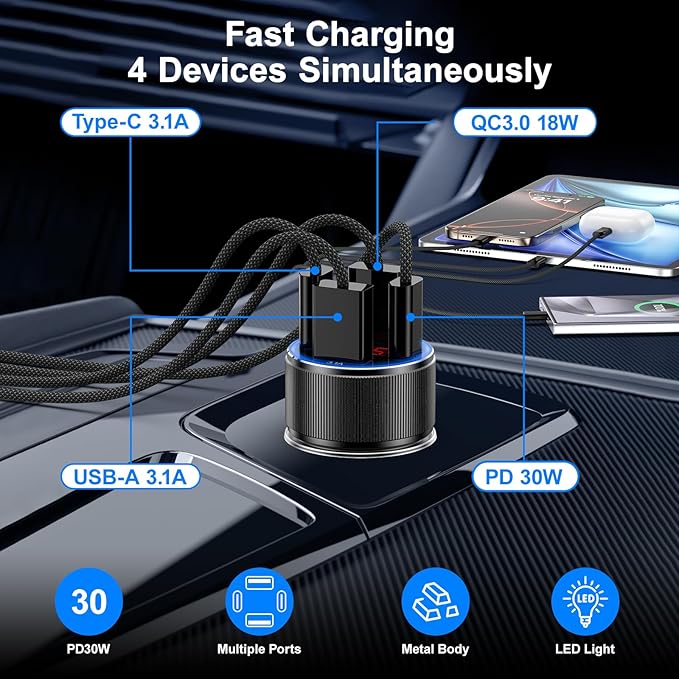 Car Charger for iPhone 17 16 15 Pro Max, Besgoods 4-Port Cigarette Lighter Adapter USB C & USB A Car Phone Charger Fast Charging Voltmeter for Galaxy S25 S24 S23 A15 A54 Android, 6ft USB C to C Cable