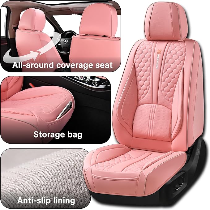 Wertigen Pink Car Seat Covers Full Set – Stylish Leather Waterproof Seat Protectors for Cars, SUVs & Trucks, Airbag Compatible, Non-Slip Design, Easy to Install, Fits Most Vehicles