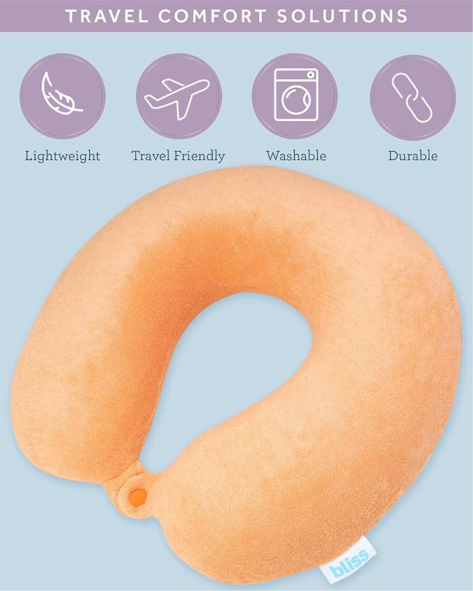 Bliss Neck Pillow - Lightweight U-Shaped Memory Foam Travel Neck Pillow with Snap Closure for Airplanes, Traveling, Offices, Cars, Orange Terry