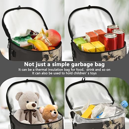 MNSRUU Car Trash Can with Lid, Cat Snuggled Human Skeletal Skull Car Trash Bag Hanging Organizers and Storage for Front Back Seat, Leak-Proof Trash Bin