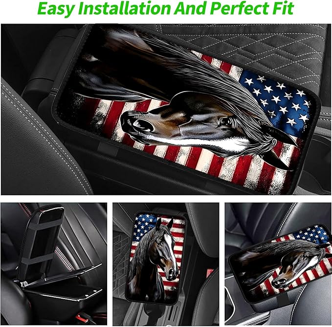 JANENFNA Car Armrest Cover Pads Universal Fashion Cute Auto Center Console Armrest Cover Pad with 2PCS Car Coasters Soft Waterproof Car Armrest Seat Protector for Women,Flag and Black Horse