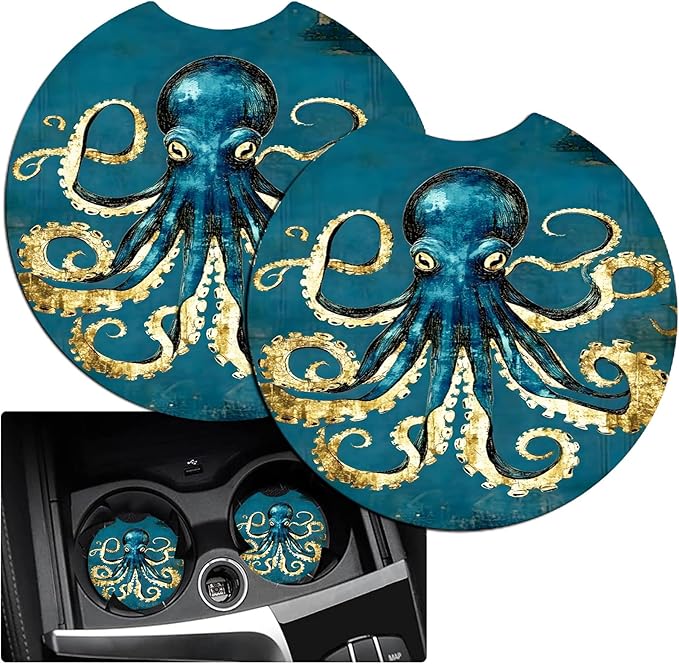 JANENFNA Car Armrest Cover Pads Universal Fashion Cute Auto Center Console Armrest Cover Pad with 2PCS Car Coasters Soft Waterproof Car Armrest Seat Protector for Women,Blue Gold Octopus