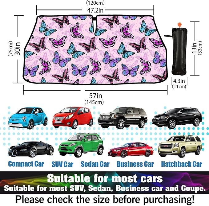 DOPINDU Butterfly Car Windshield Sun Shade Umbrella Bendable Handle Foldable Colorful Sunshade for Car Cute Front Window Shades Block UV Rays Protect Automotive Interior 57"x30"