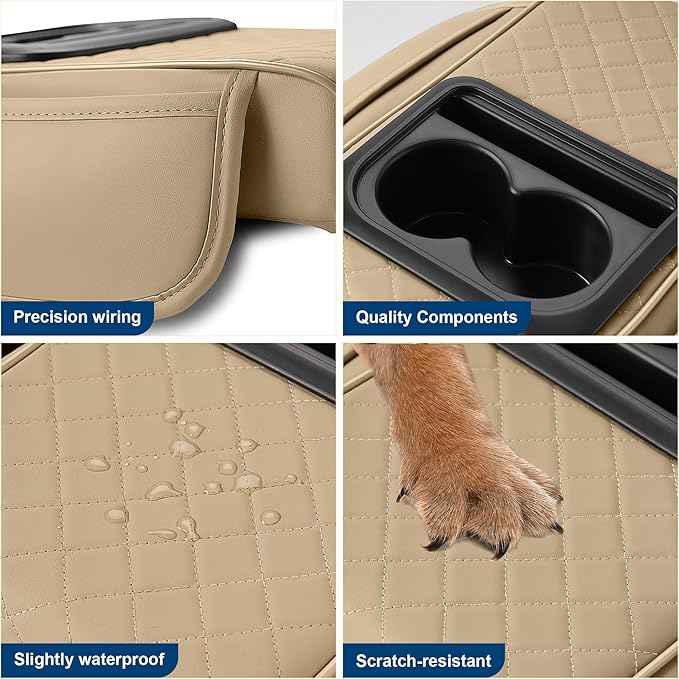 Car Center Console Cover Fit for Volkswagen CC Faux Leather Auto Armrest Box Cover with Cup Holder & Phone Holder Waterproof Leather Armrest Protector Cushion(Beige)