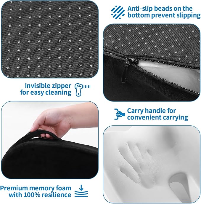 Memory Foam Seat Cushion for Sciatica Pain Relief, Posture Corrector for Office Chair, Car Seat & Wheelchair, Breathable Suede Cover with Non-Slip Bottom & Carrying Handle, Washable, Black