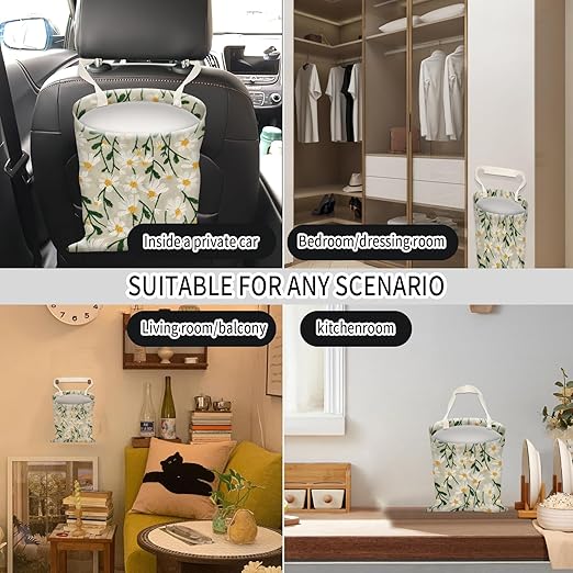 AUEKLLW Car Trash Can, Hanging Garbage Bin for Men and Women, Cute Car Organizer and Storage Bag, Canvas Vehicle Trash Can Bag Easy-to-Install Cute White Floral
