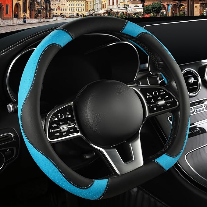 Binsheo Microfiber Leather D Shaped Steering Wheel Cover, Breathable, Anti Slip, Universal 15 inch, Black with Blue