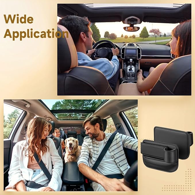 Toyosport 2 Pcs Car Seat Gap Filler Organizer, Leather Storage Box with Cup Holder, Cable Hole, Clutter Catcher for Cars, Black Seat Gap Storage Pockets for Driver and Passenger Seats