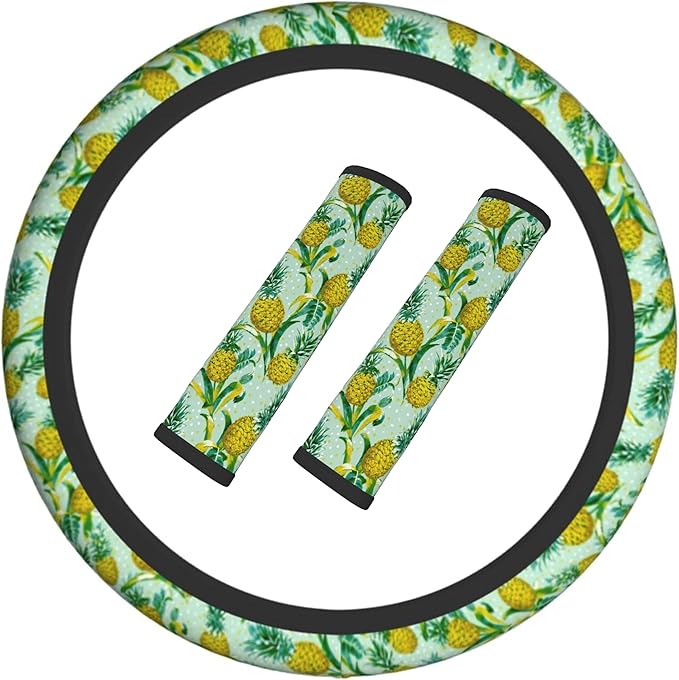Pineapple Steering Wheel Cover Elastic Non-Slip Car Steering Wheel Covers with Seat Belt Shoulder Pad for Women Men